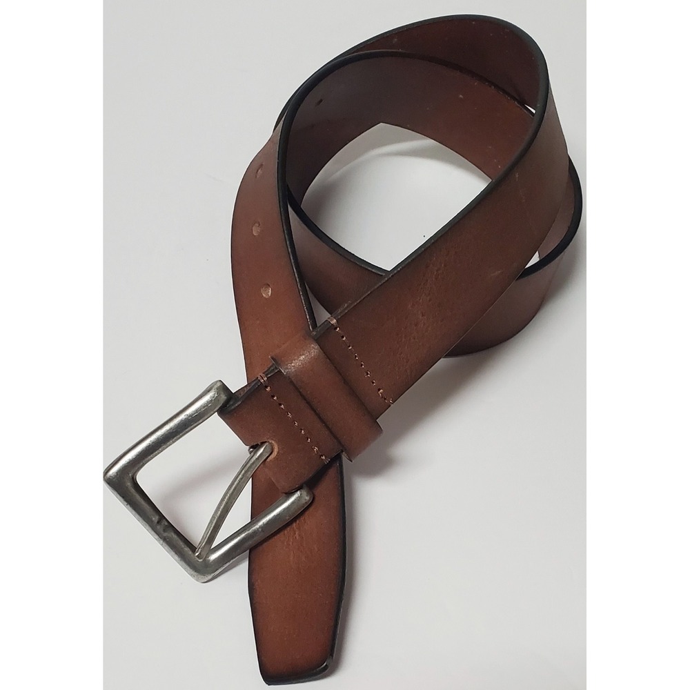 Leather Belt Rustic Pewter Buckle 30-32 India Distressed Brown w/ Darker Banding